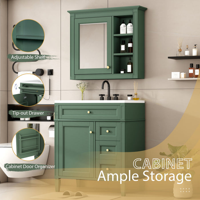 Bathroom Vanity With Top Sink, Storage Cabinet With 2 Drawers And Tip Out Drawer, Freestanding Set With Mirror Cabinet