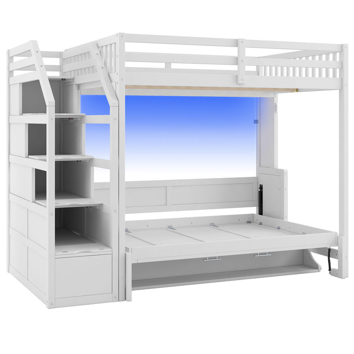 Full Long Loft Bed With Storage Staircase, Murphy Bed, LED Light - White