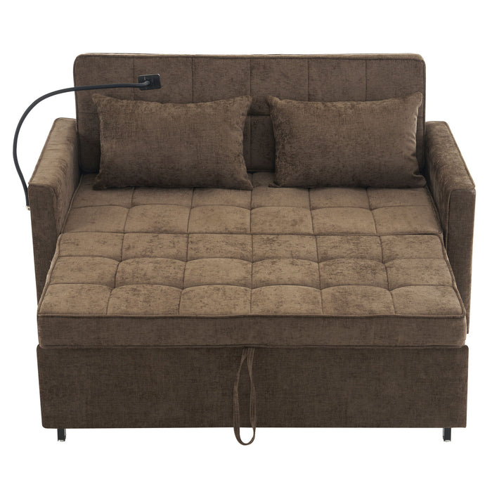 Pull-Out Sleeper Sofa With Reversible Backrest Cushion, Side Pockets, 2 USB Ports And A Phone Holder For Living Room