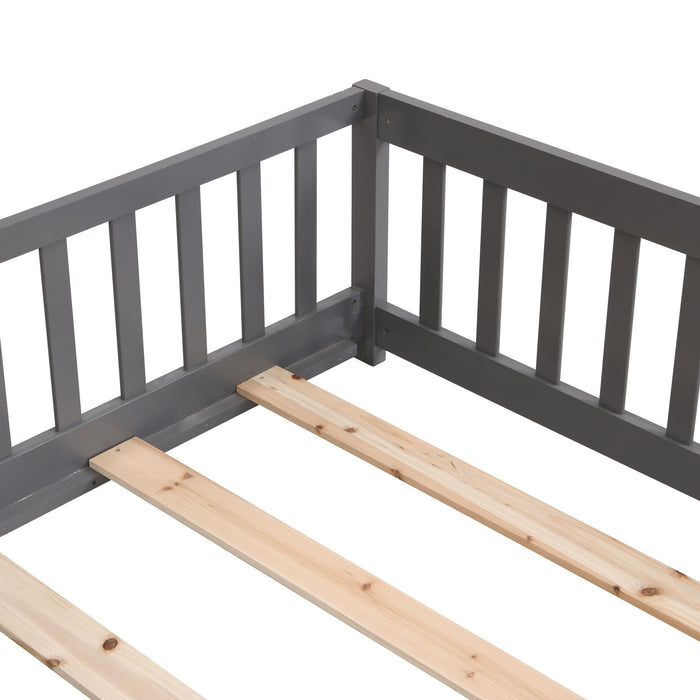 Solid Wood Floor Bed With Door And Fence For Children