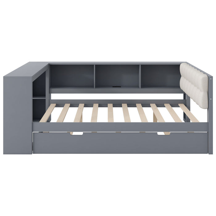 Upholstered Headboard Platform Bed With Storage Shelves, Trundle, Charging Station