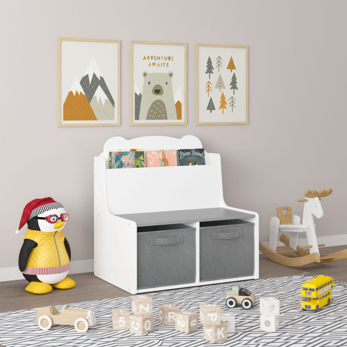 Bookshelf With Storage Bins, Bookcase With Book Display Shelf And 2 Bins, Cute Bear Shaped Backboard, Toy Organizer - White