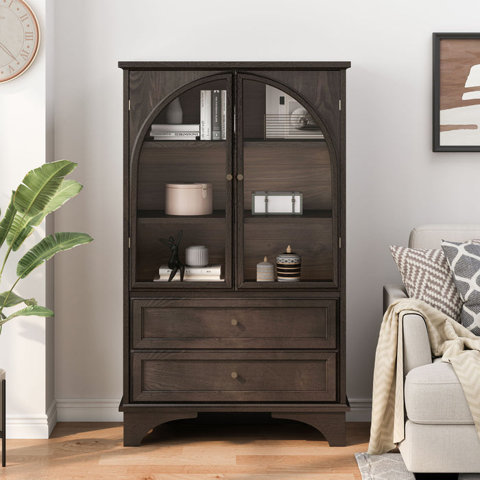 Glass Door Display Case With 2 Drawers And Adjustable Shelf