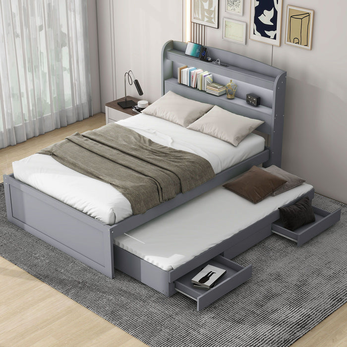 Platform Bed With LED Headboard, Charging Station, Trundle And 2 Drawers