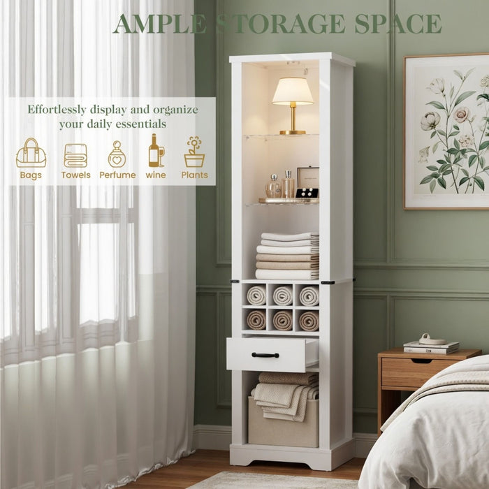Pantry Cabinet With LED Lights, Wine Rack, Tempered Glass Shelves, And Barn Door Design - White
