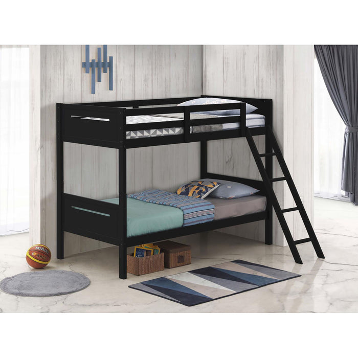 Twin / Twin Bunk Bed With Built In Ladder Frame With Angled Access And Safety Guardrails - Black