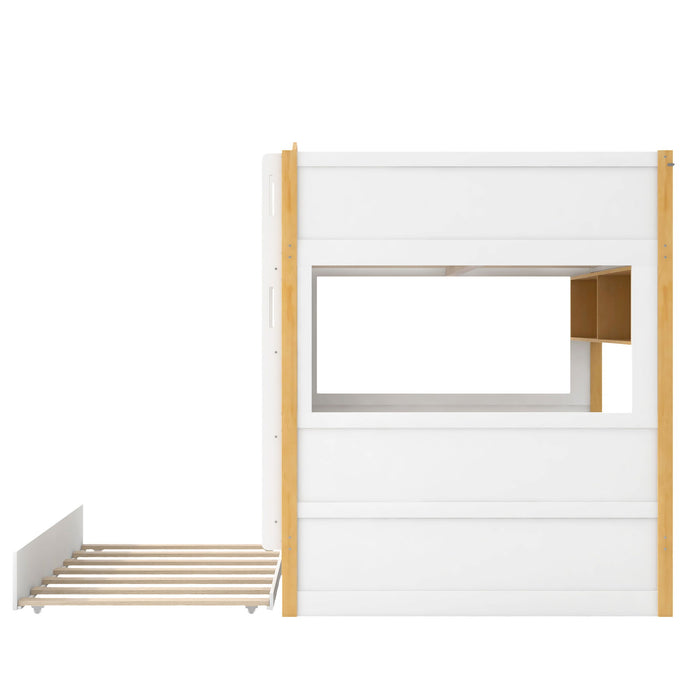 Full Over Full Bunk Bed With Storage Shelves And Trundle - White / Natural
