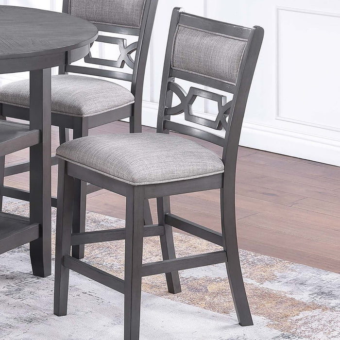 5 Piece Counter Height Dining Set With Storage Shelves Round Table And Upholstered High Chairs - Gray