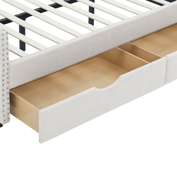 Upholstered Tufted Daybed With Drawers, Waved Arms