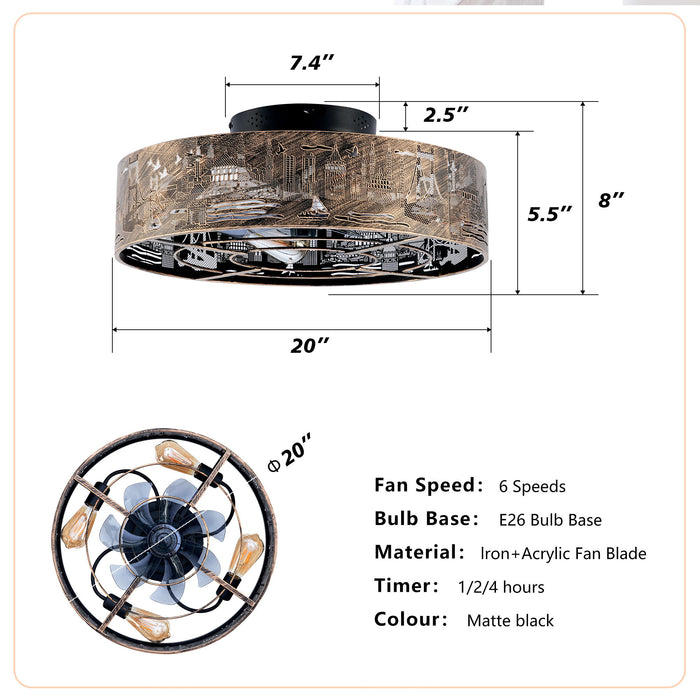 20" Iron Art Ceiling Fans With Remote, Flush Mount Ceiling Fan With 6 Speeds Reversible Motor, Not Included Bulbs - Blush / Gold / Bronze