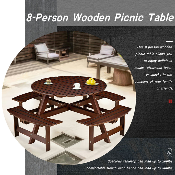 8 Person Round Picnic Table With 4 Built In Benches, Umbrella Hole For Garden - Brown