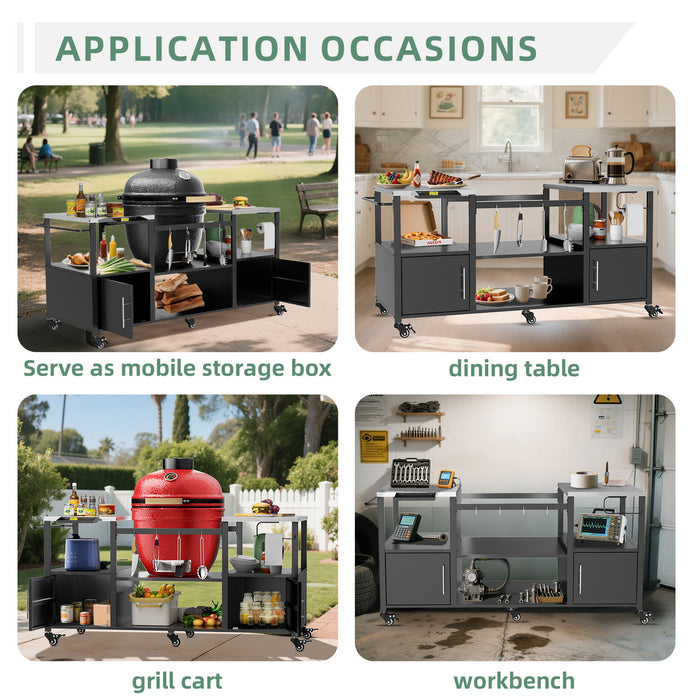 Outdoor Grill Table For Big Egg Style Bbq With Metal Grill Cart And Storage Box And Metal And Stainless Steel - Black / Silver