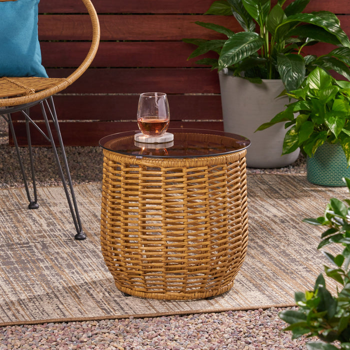 Boho Arias - Side Table With Tempered Glass Top And Rattan Wrap