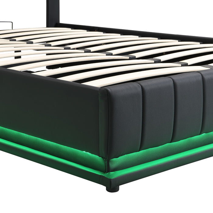 Upholstered Bed With Hydraulic Storage System And LED Light, With Sockets And USB Ports