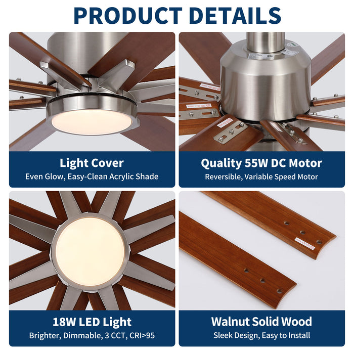 Oversized Large Ceiling Fan With Dimmable LED Light, 8 Blades, Remote Control