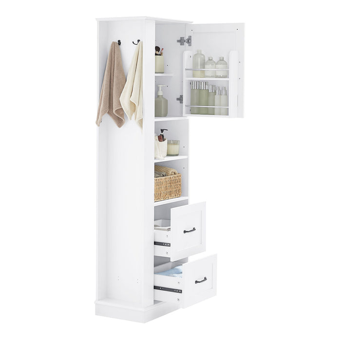 Freestanding Bathroom Storage Cabinet With Adjustable Shelves And Side Hooks Board, Rectangle Design