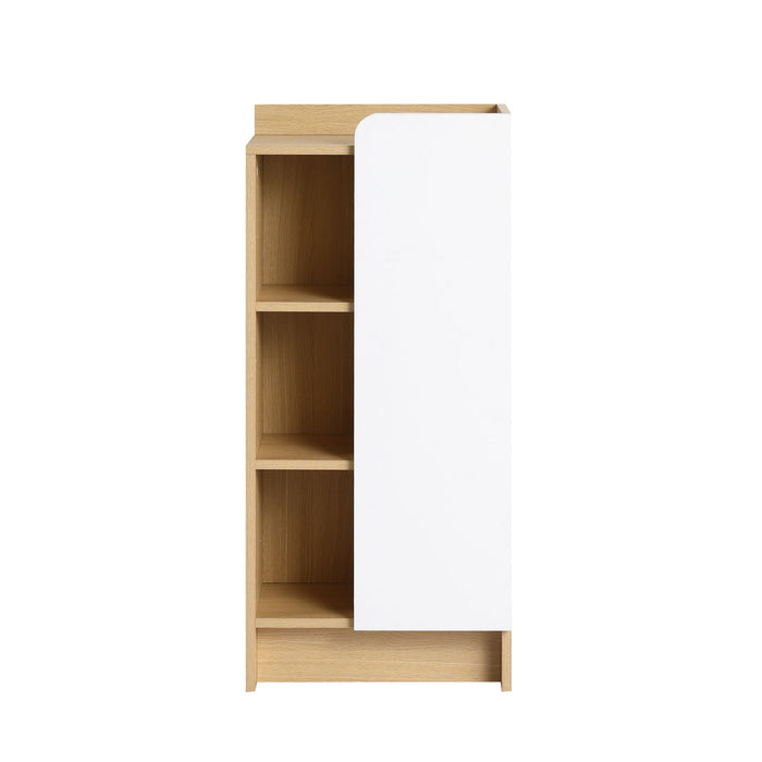 Freestanding Bathroom Side Cabinet, Narrow Storage Cabinet With Single Door & 3 Tier Open Shelves - Black / Light Oak / White