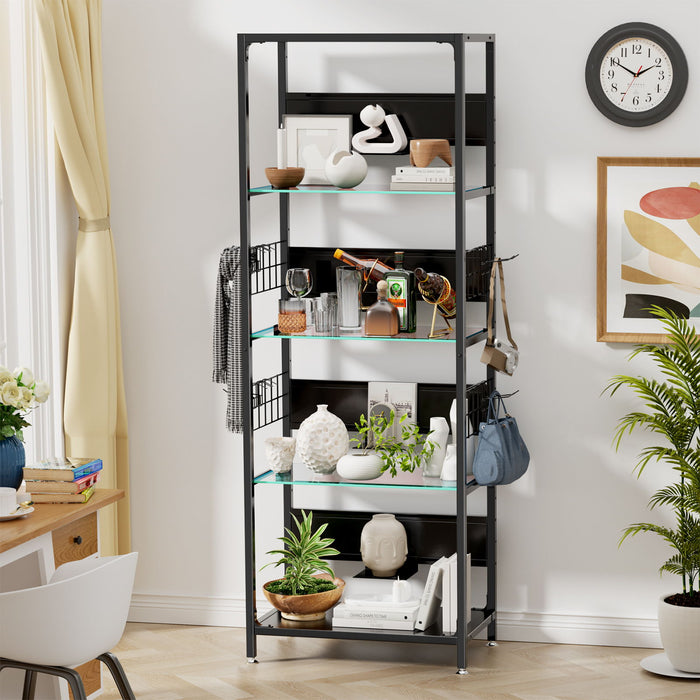 4 Tier Display Shelf With RGB Lights, LED Lighted Curio Cabinet With Adjustable Storage Box & Hooks - Black