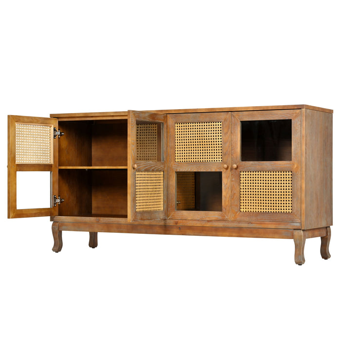 Retro Industrial 4 Door Sideboard With Large Storage, Rattan And Glass Doors