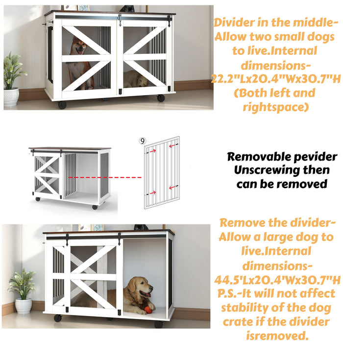 Mobile Dog Crate With Flip Top Feeding Door, Dual Access & 5 Caster System (2 Locking) - Brown White