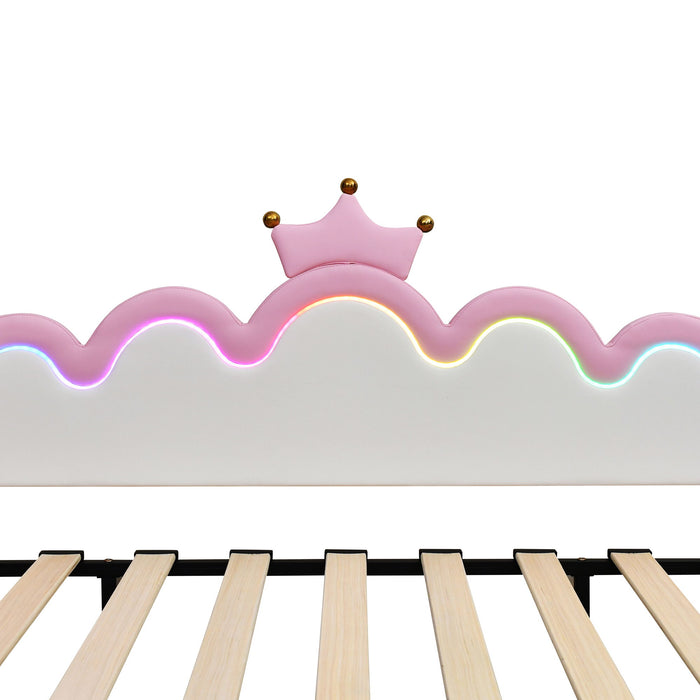 Extending Daybed With LED Lights, Modern Upholstered Princess Daybed With Crown Headboard