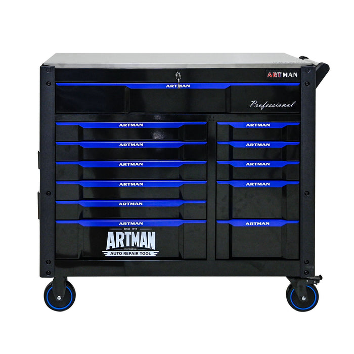 12 Layer Drawer Multi Purpose Tool Cart With Wheels And Iron Top - Black / Blue