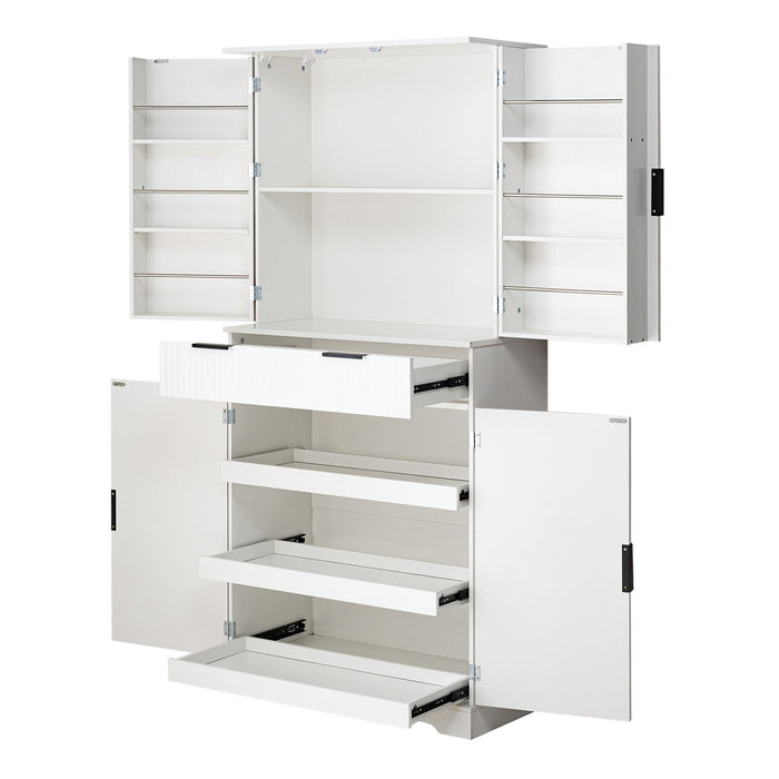 Fluted Kitchen Pantry Cabinet With 3 Keyboard Drawers & 6 Adjustable Door Shelves