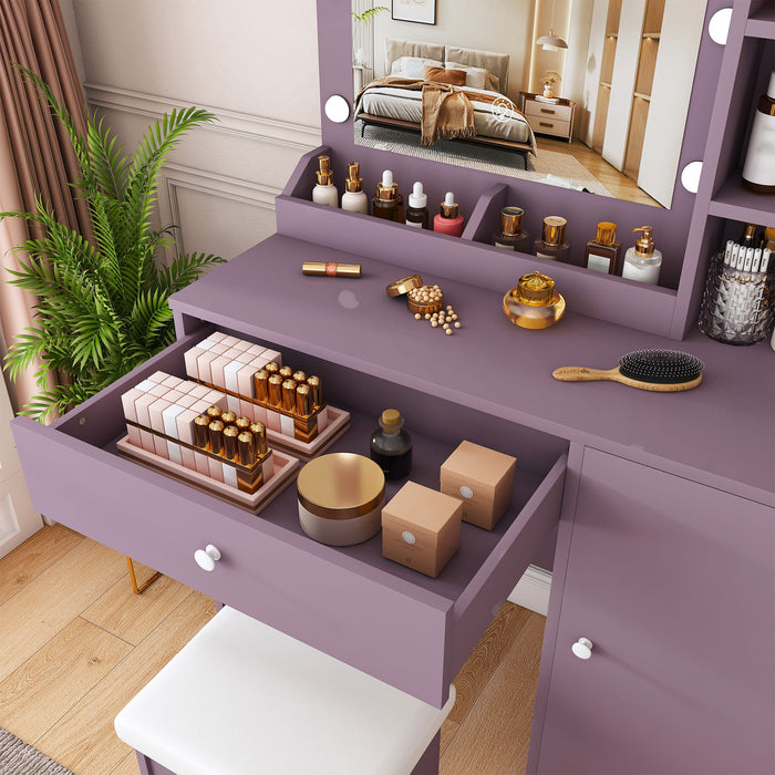Vanity Desk Set With Padded Stool And Adjustable LED Mirror, 3 Color Light Modes - Purple