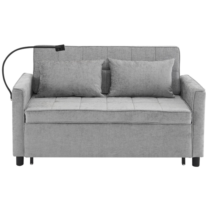 Pull-Out Sleeper Sofa With Reversible Backrest Cushion, Side Pockets, 2 USB Ports And A Phone Holder For Living Room