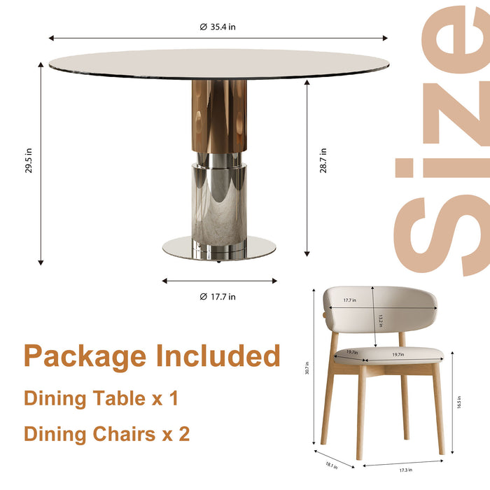 Round Glass Dining Table With Stainless Steel Legs And Chairs