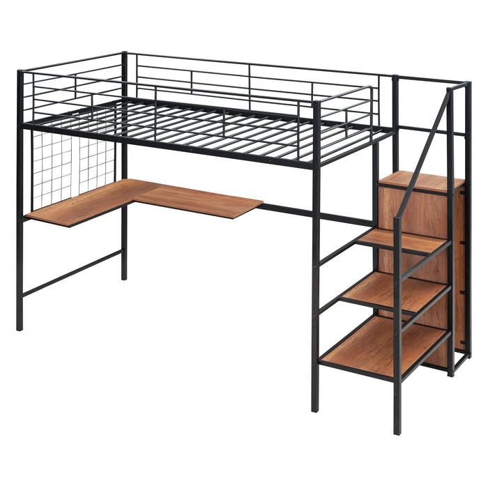 Loft Bed With Desk And Grid, Stylish Frame With Lateral Storage Ladder And Wardrobe