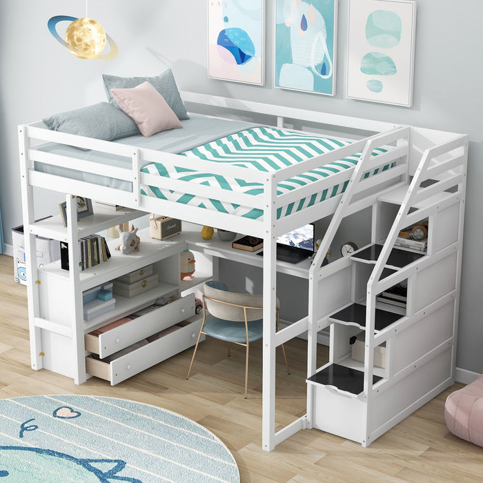 Loft Bed With Desk, Shelves, 2 Drawers, Storage Staircase