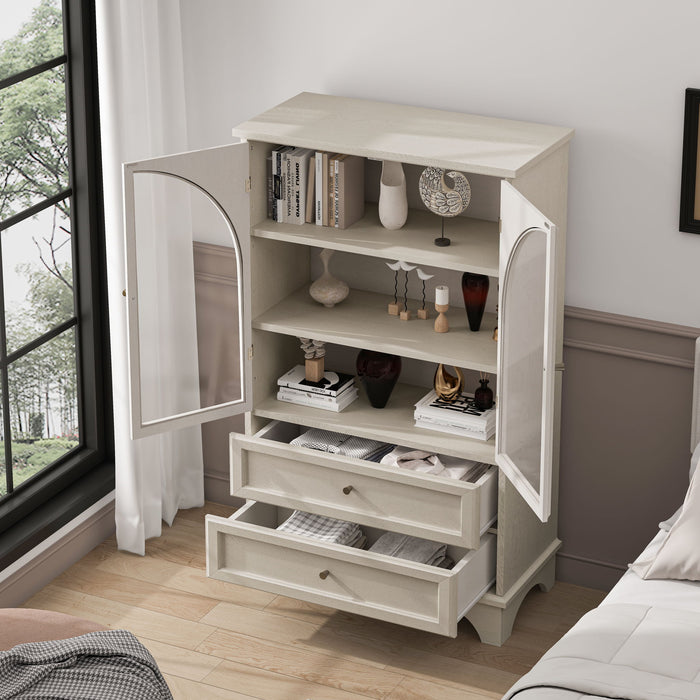 Glass Door Display Case With 2 Drawers And Adjustable Shelf