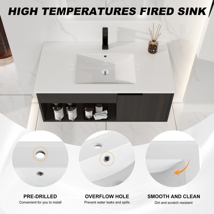 Wall Mounted Floating Bathroom Vanity With Open Shelf & Soft Close Door