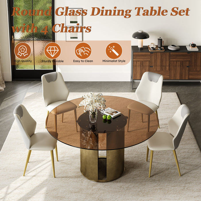 Modern Round Dining Table Set With Glass Top And Steel Legs