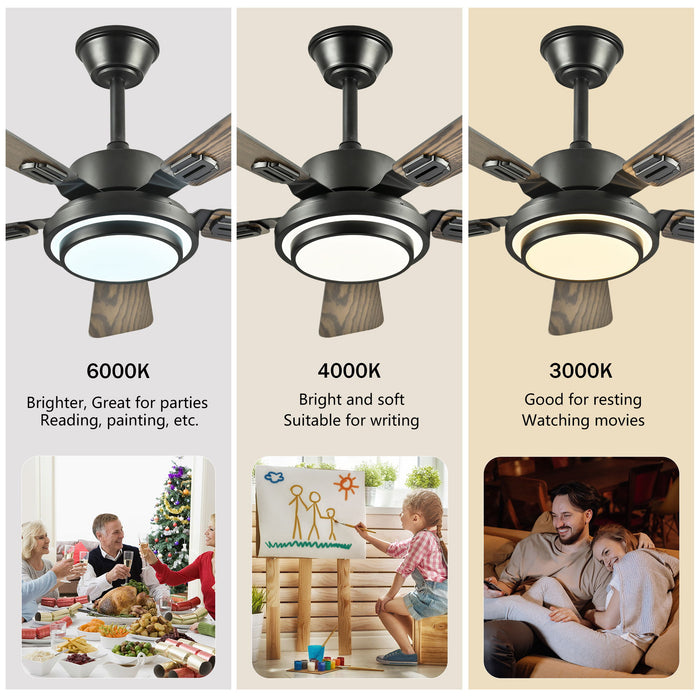 5 Blades Ceiling Fan With LED Light 3000 - 6500K Dimmable, 6 Speed Levels, Reversible Ceiling Fan - Matte Black
