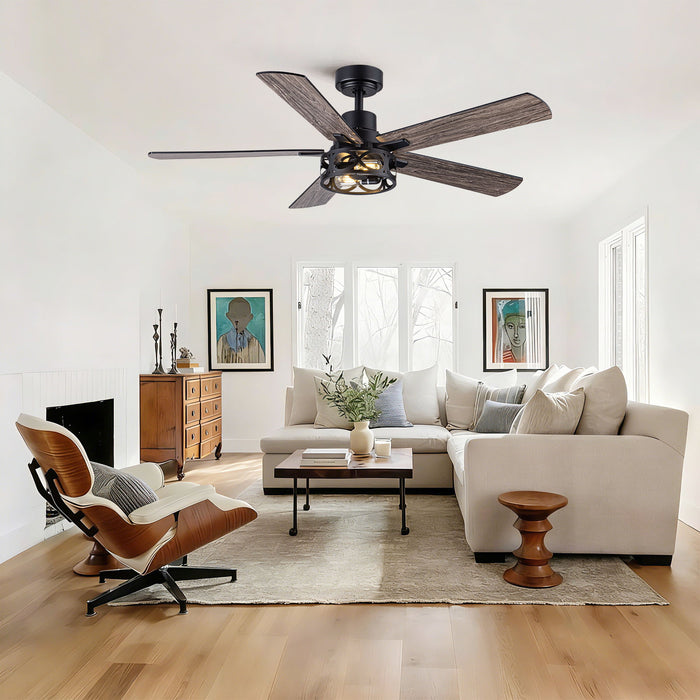 Ceiling Fan With Light, Dual‑Sided Matte Black & Wood Grain Blades - Black