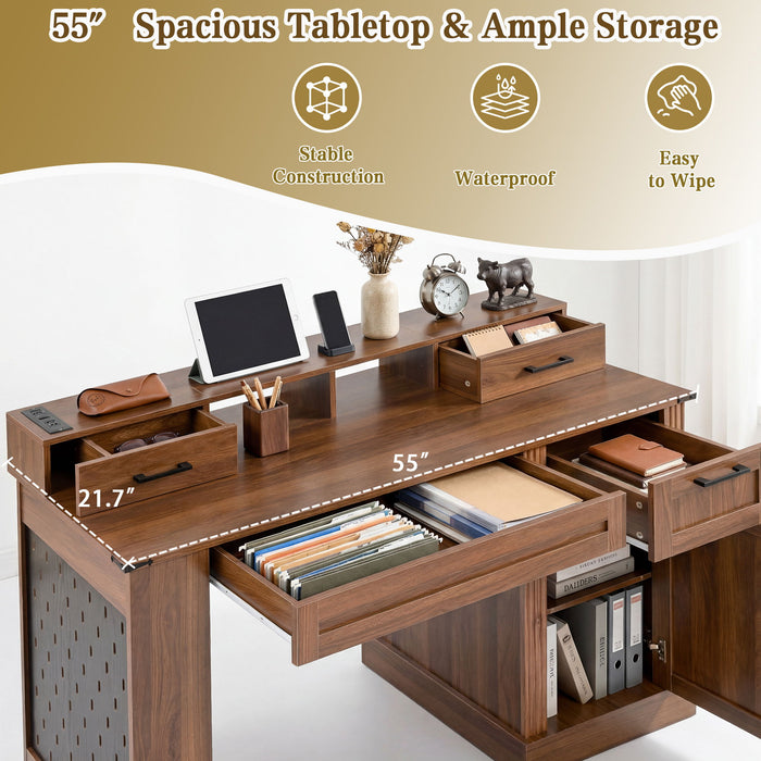 Office Desk With Storage Cabinet, Charging Station, Monitor Stand & Pegboard