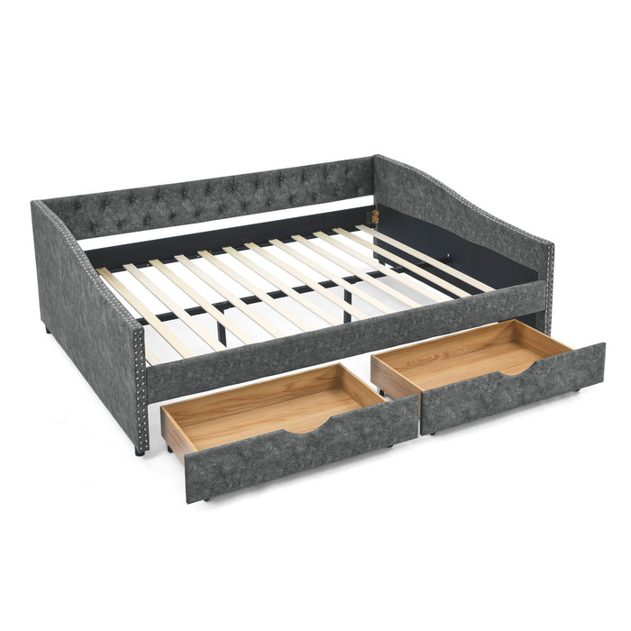 Upholstered Tufted Daybed With Drawers, Waved Arms