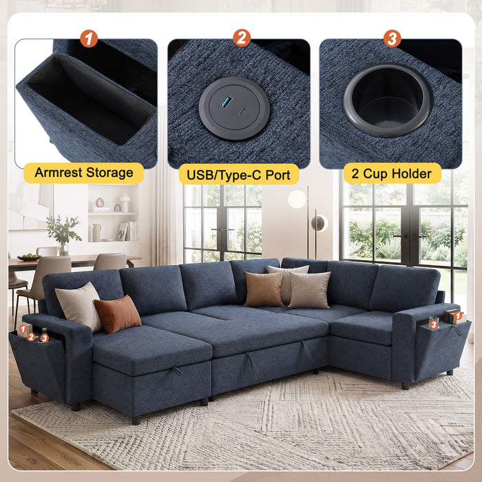 U - Shaped Convertible Sectional Sofa Bed With Storage, USB Charger & Cup Holders