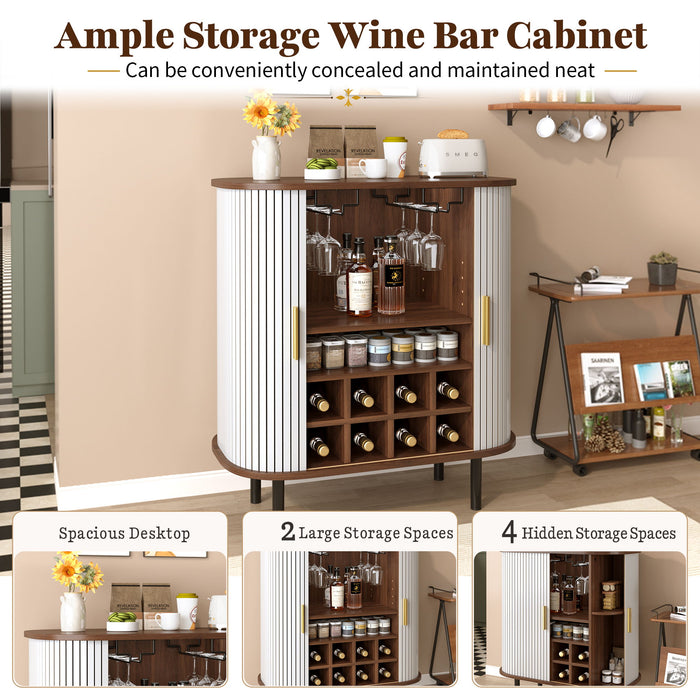 Fluted Wine Bar Cabinet With 8 Grid Wine Rack, 5 Level Adjustable Shelves, 2 Glass Holders