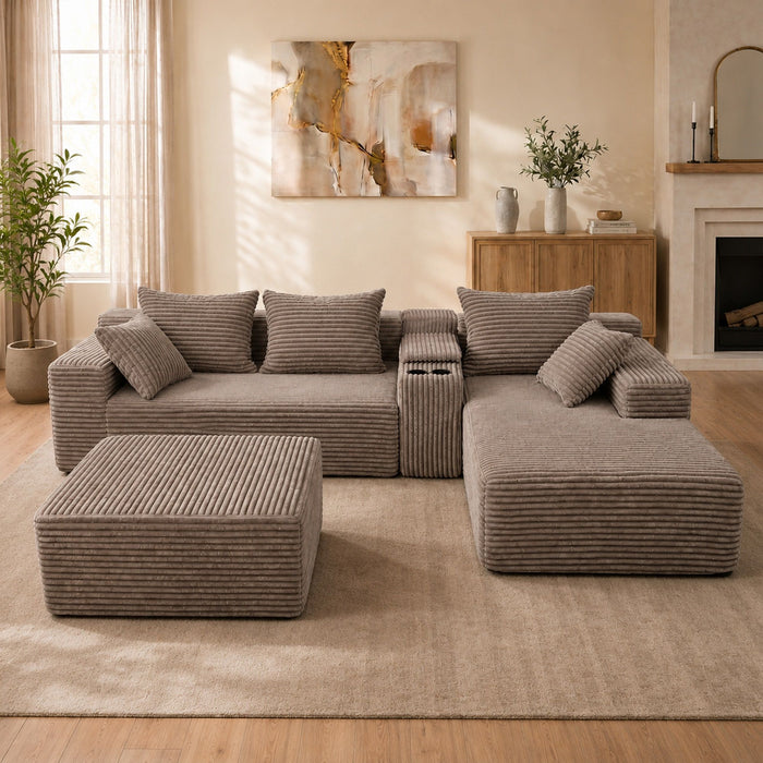 U-Shaped Modular Sofa With Cup Holders And Storage For Living Rooms - Coffee