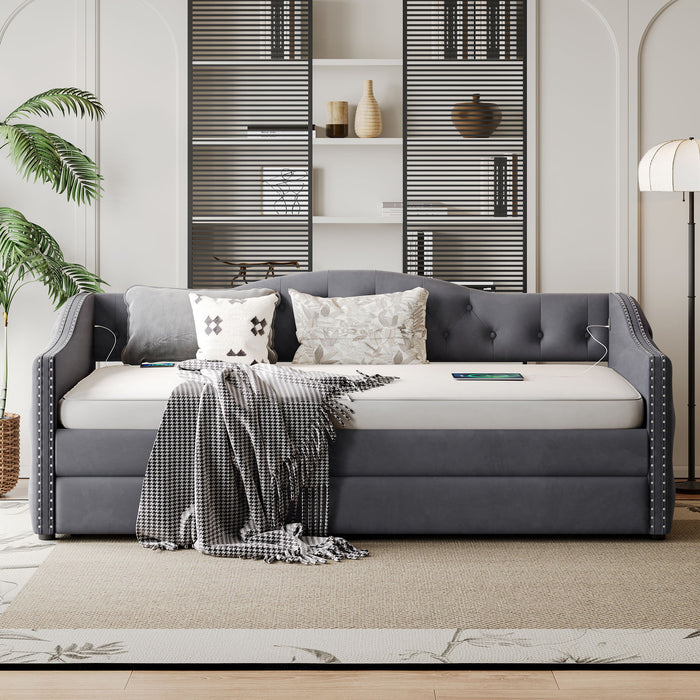 Twin Size Upholstered Daybed With Trundle And USB Charging Design For Bedroom - Gray