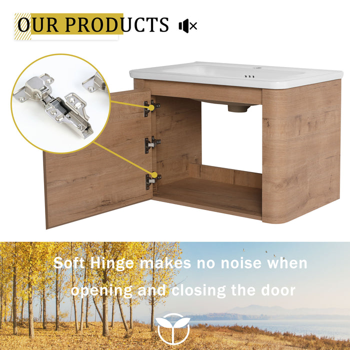 Wall Mounted Bathroom Vanity With Sink, Storage Shelves & Soft Close Door