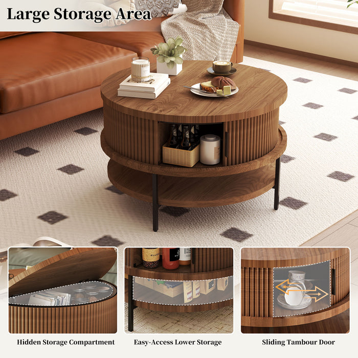 Flip-Top Round Coffee Table With Storage - Brown