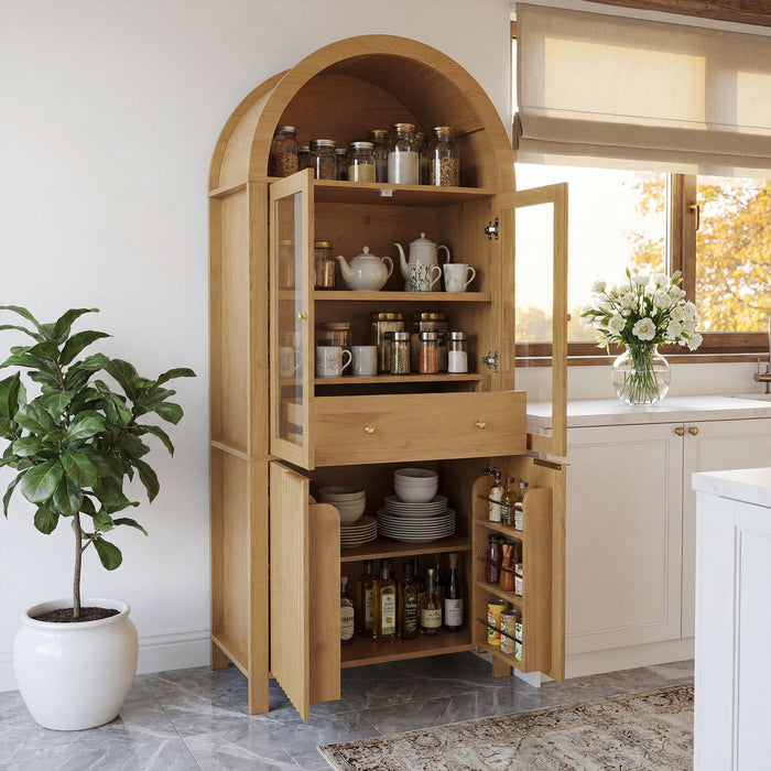 Fluted Tall Arched Pantry Cabinet With Adjustable Shelves
