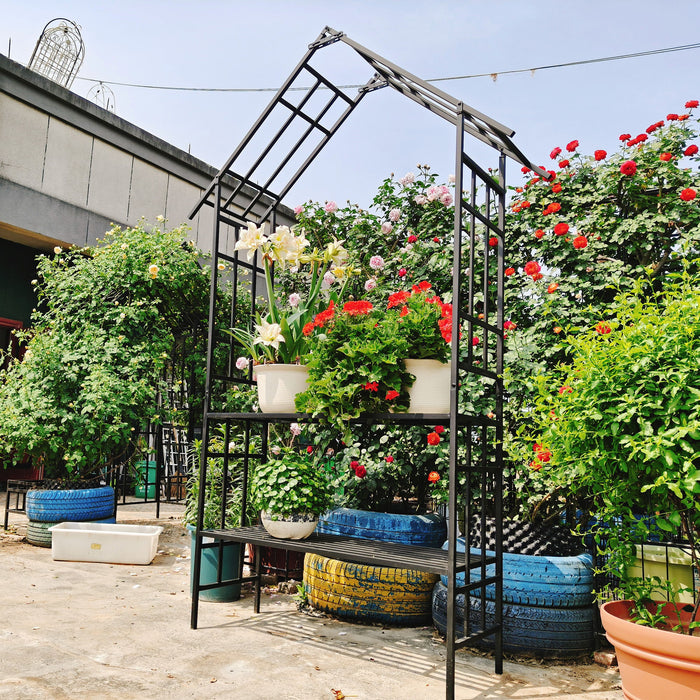 Garden Arch With Bench Turned Into Flower Stand Climbing Plants Support Outdoor - Black