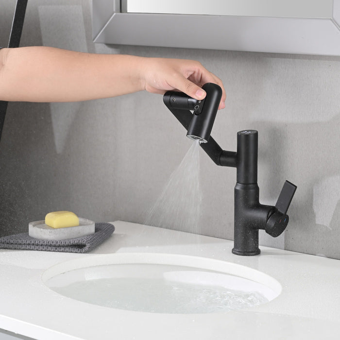 Bathroom Sink Faucet With Spray Function And Temperature Display, Anti Skid Switch, 360 Degree Rotary