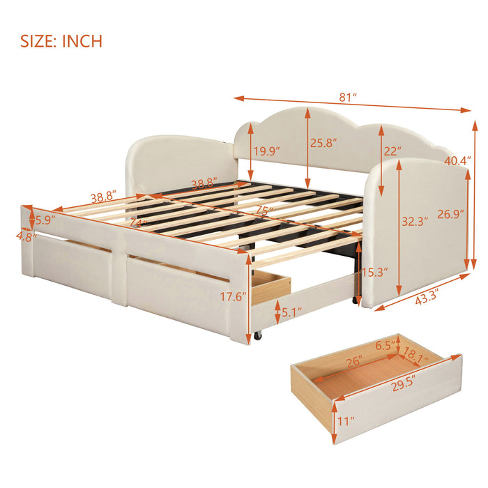 Upholstered Daybed With Cloud-Shaped Backrest, Trundle & 2 Drawers And USB Ports