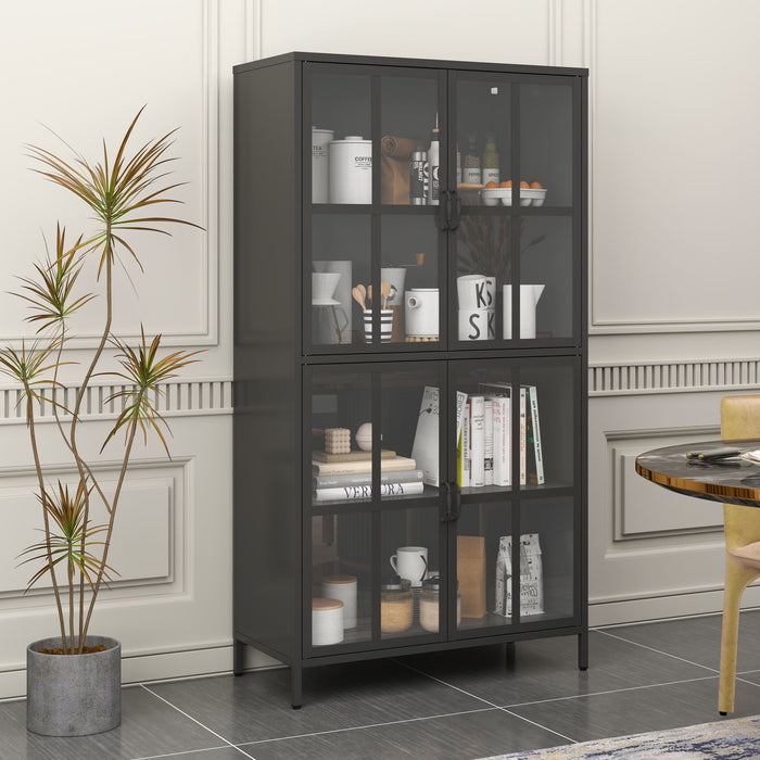 Premium Metal Storage Cabinet With Tempered Glass Doors, Adjustable Shelves, And Anti Tipping Device - Black